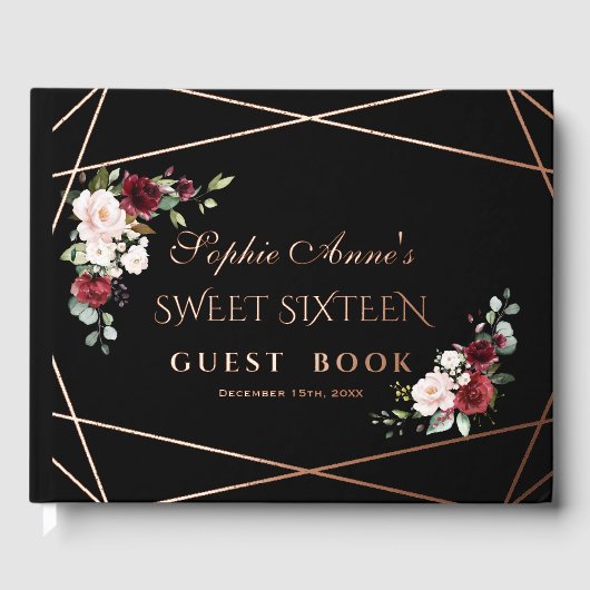 Echte Folie Roos Goud Zwart Sweet Sixteen Party Gastenboek (Voorkant)