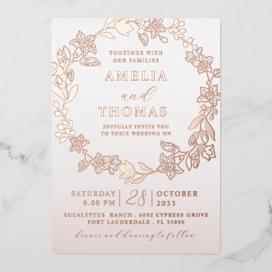 Echte Folie Roos Gouden Bloemen Krans Bruiloft Folie Uitnodiging (Voorkant)