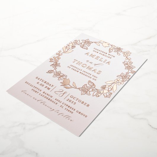 Echte Folie Roos Gouden Bloemen Krans Bruiloft Folie Uitnodiging (Gedraaid)