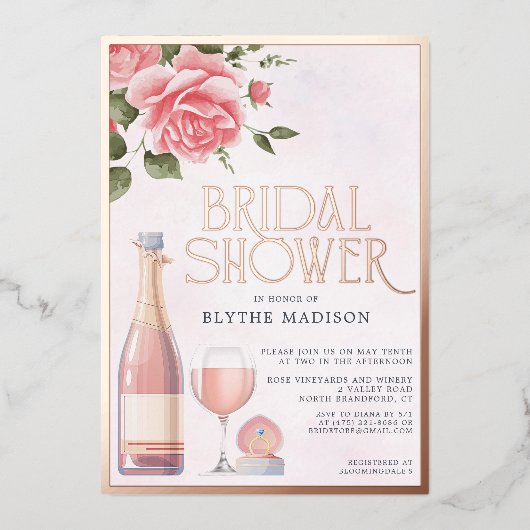 Echte Folie Rosé Bloemenwijn Vrijgezellenfeest Folie Uitnodiging (Voorkant)