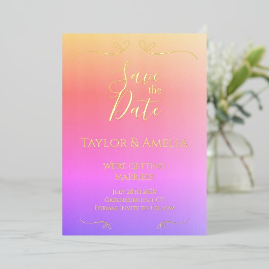 Echte Folie Roze ombre Wedding sparen de Datum uit Uitnodiging (Staand Voorkant)