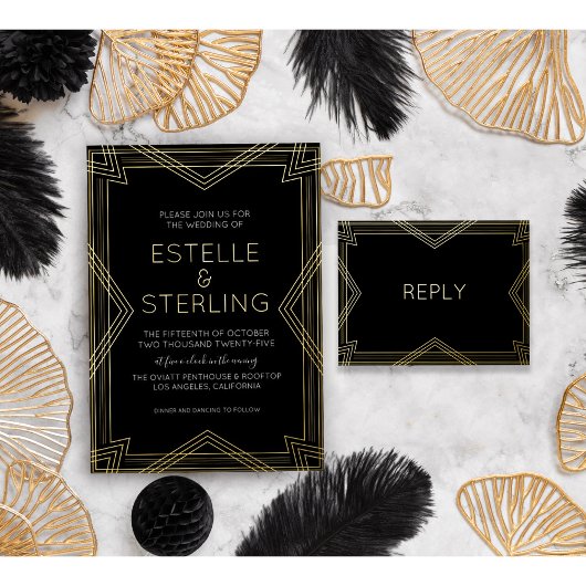 Echte Folie RSVP Art Deco Geometrische Gouden Foli Folie Uitnodiging Briefkaart