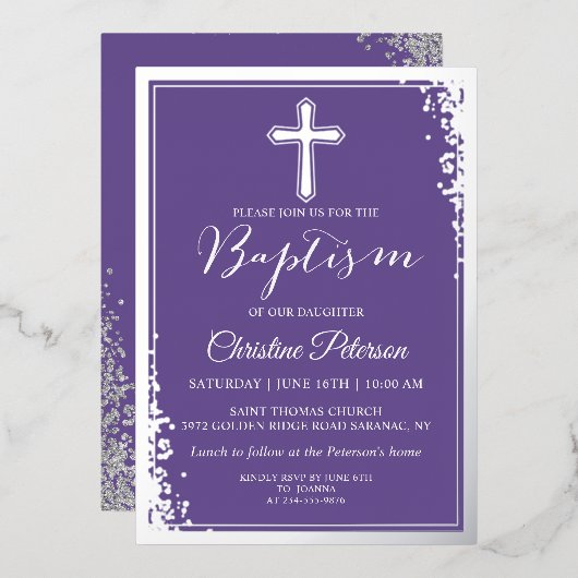 Echte Folie Silver Glitter Lavender Paars Baptisme Uitnodiging (Voorkant / Achterkant)