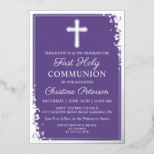 Echte Folie Silver Lavender Paarse Eerste Communie Folie Uitnodiging (Voorkant)