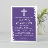 Echte Folie Silver Lavender Paarse Eerste Communie Folie Uitnodiging (Staand Voorkant)