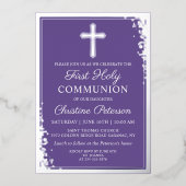 Echte Folie Silver Lavender Paarse Eerste Communie Uitnodiging (Voorkant)