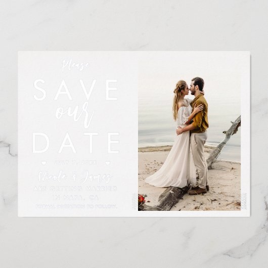 Echte Folie Silver Save The Date Photo Verloving Folie Uitnodiging (Voorkant)