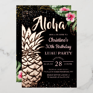 Echte Folie Tropisch Bloemig Ananas Roze Goud Uitnodiging