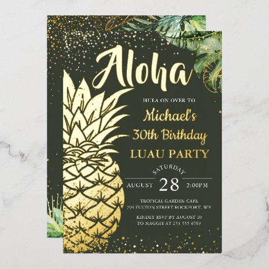 Echte Folie Tropische ananas Luau Beach Folie Uitnodiging (Voorkant / Achterkant)
