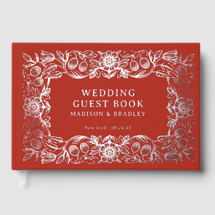Echte Folie Vintage Bloemen Rood Zilveren Huwelijk Gastenboek