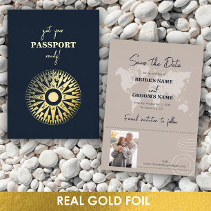Echte Folie Wedding Passport Compass Save the Date Uitnodiging