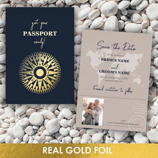 Echte Folie Wedding Passport Compass Save the Date Uitnodiging