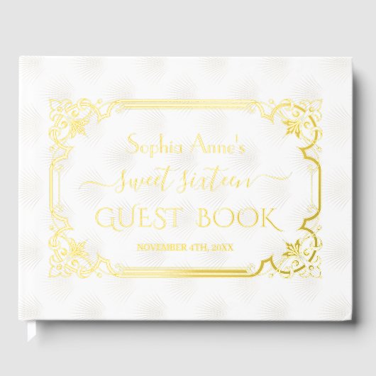 Echte Folie Wit Goud Art Deco Sweet 16 Verjaardag Gastenboek (Voorkant)