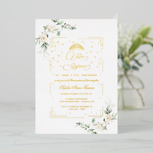 ECHTE FOLIE Witte bloemige Mis Quince Quinceañera  Folie Uitnodiging (Staand Voorkant)