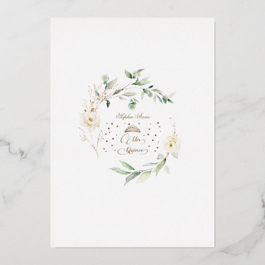 ECHTE FOLIE Witte bloemige Mis Quince Quinceañera  Folie Uitnodiging (Achterkant)