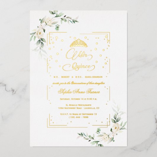 ECHTE FOLIE Witte bloemige Mis Quince Quinceañera  Uitnodiging (Voorkant)