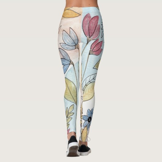 Echte gekleurde Waterverf Floral laat kunst Leggings (Achterkant)