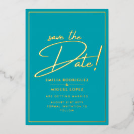 Echte GOLD Blauwgroen sparen de DatumWeddenschap Folie Uitnodiging