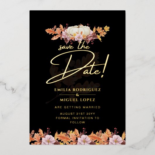 Echte GOLD FOIL Herfst Pumpkin Save Date Weddensch Folie Uitnodiging (Voorkant)