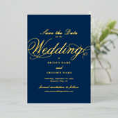 Echte Gold Folie Wedding Navy Blue Save the Date Uitnodiging (Staand Voorkant)