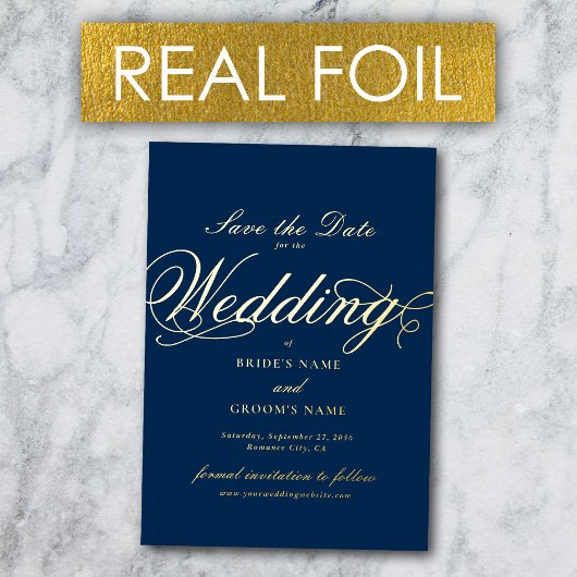 Echte Gold Folie Wedding Navy Blue Save the Date Uitnodiging