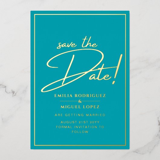 Echte GOLD Teal Save the Date Huwelijk Folie Uitnodiging (Voorkant)