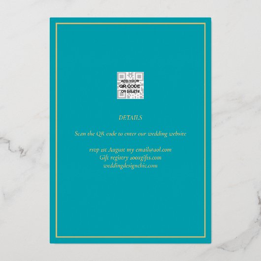 Echte GOLD Teal Save the Date Huwelijk Folie Uitnodiging (Achterkant)