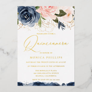 Echte goud folie blush & marine Quinceanera-feest Uitnodiging