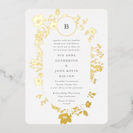 ECHTE goudcirkel Monogram Ovaal gedroogd wild Folie Uitnodiging (Voorkant)