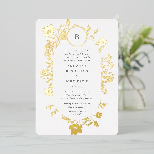 ECHTE goudcirkel Monogram Ovaal gedroogd wild Folie Uitnodiging (Staand Voorkant)