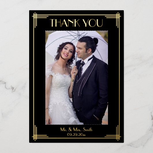 Echte Gouden Folie Art Deco Bruiloft Dank u Folie Uitnodiging (Voorkant)