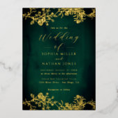 Echte Gouden Folie Bloemen Kant Script Emerald Wed Folie Uitnodiging (Voorkant)