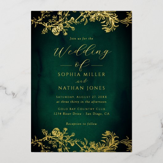 Echte Gouden Folie Bloemen Kant Script Emerald Wed Folie Uitnodiging (Voorkant)