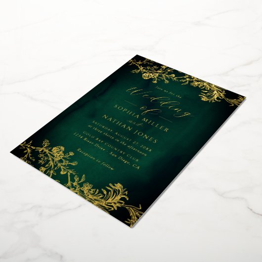 Echte Gouden Folie Bloemen Kant Script Emerald Wed Folie Uitnodiging (Gedraaid)