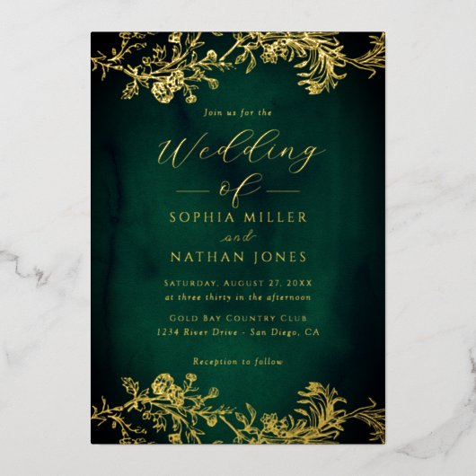 Echte Gouden Folie Bloemen Kant Script Emerald Wed Uitnodiging (Voorkant)
