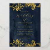 Echte Gouden Folie Bloemen Kant Script Navy Weddin Folie Uitnodiging (Voorkant)