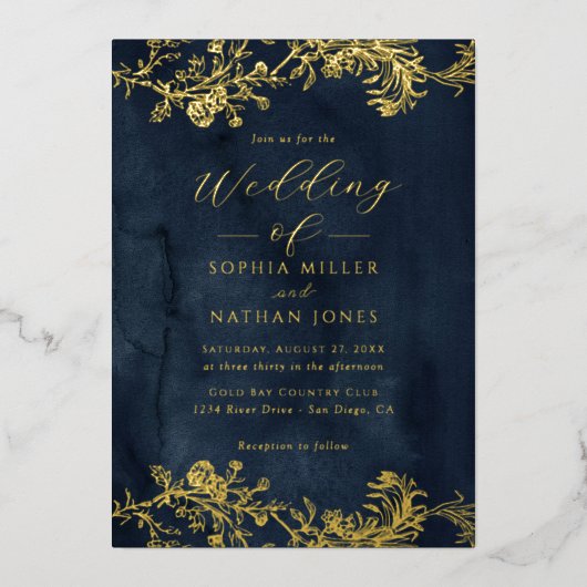 Echte Gouden Folie Bloemen Kant Script Navy Weddin Folie Uitnodiging (Voorkant)