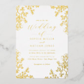 Echte Gouden Folie Bloemen Kant Script Wedding Folie Uitnodiging (Voorkant)