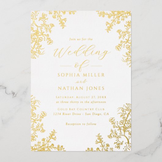 Echte Gouden Folie Bloemen Kant Script Wedding Folie Uitnodiging (Voorkant)