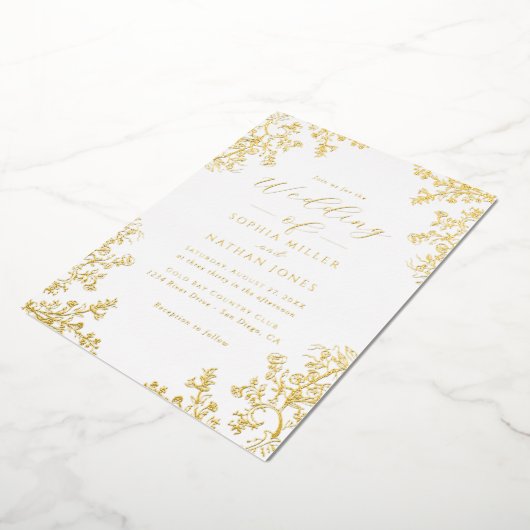 Echte Gouden Folie Bloemen Kant Script Wedding Folie Uitnodiging (Gedraaid)