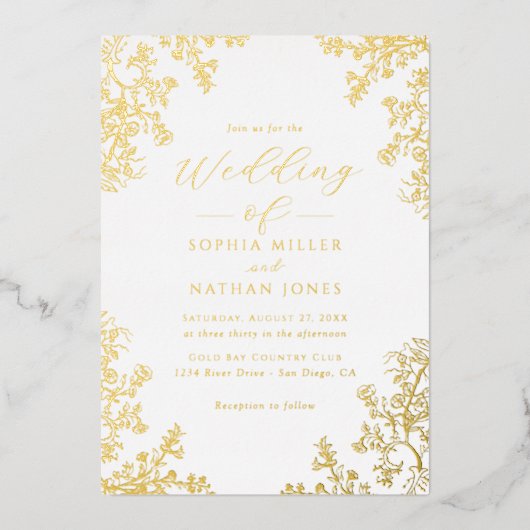 Echte Gouden Folie Bloemen Kant Script Wedding Uitnodiging (Voorkant)