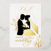 Echte gouden folie Elegante bladeren Krans Monogra Folie Uitnodiging (Voorkant)