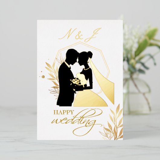 Echte gouden folie Elegante bladeren Krans Monogra Folie Uitnodiging (Staand Voorkant)