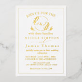 Echte gouden folie Elegante bladeren Krans Monogra Uitnodiging (Voorkant)