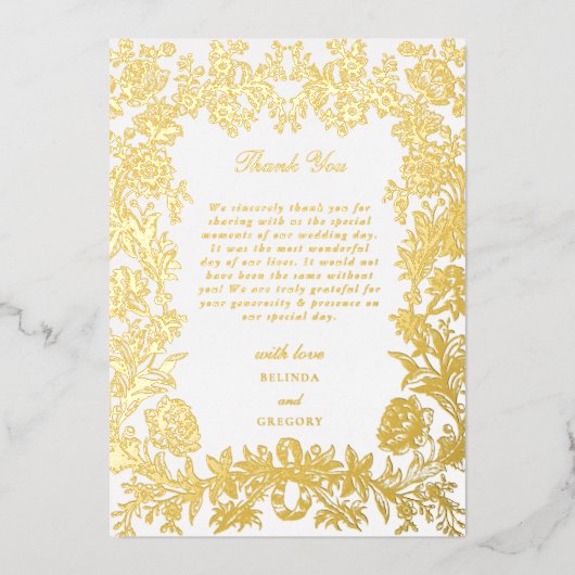 Echte Gouden Folie Elegante Bloemen Huwelijk Dank  Folie Uitnodiging (Voorkant)
