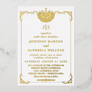Echte gouden folie elegante krans monogram trouwfo uitnodiging