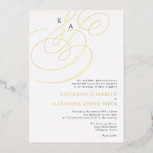 Echte Gouden Folie Elegante Monogram Bruiloft Folie Uitnodiging (Voorkant)