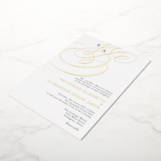 Echte Gouden Folie Elegante Monogram Bruiloft Folie Uitnodiging (Gedraaid)