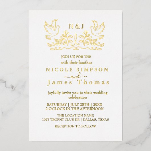 Echte Gouden Folie Elegante Vogels Krans Monogram Folie Uitnodiging (Voorkant)