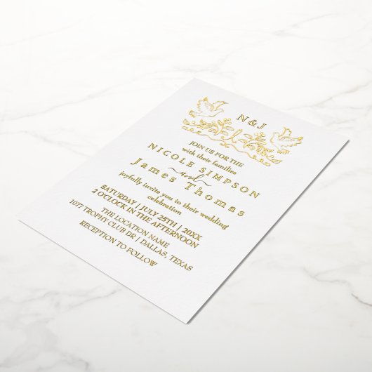 Echte Gouden Folie Elegante Vogels Krans Monogram Folie Uitnodiging (Gedraaid)